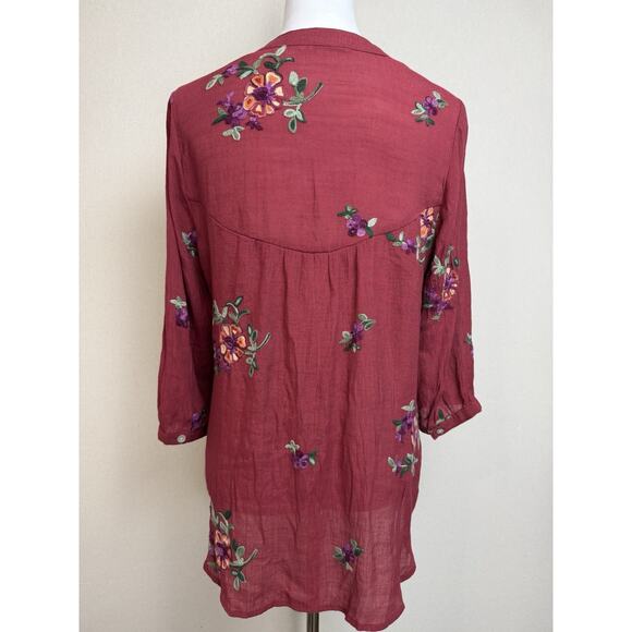 Figueroa & Flower Anthropologie Top Tunic Sz L Womens Maroon Boho Blouse Peasant - Picture 7 of 15